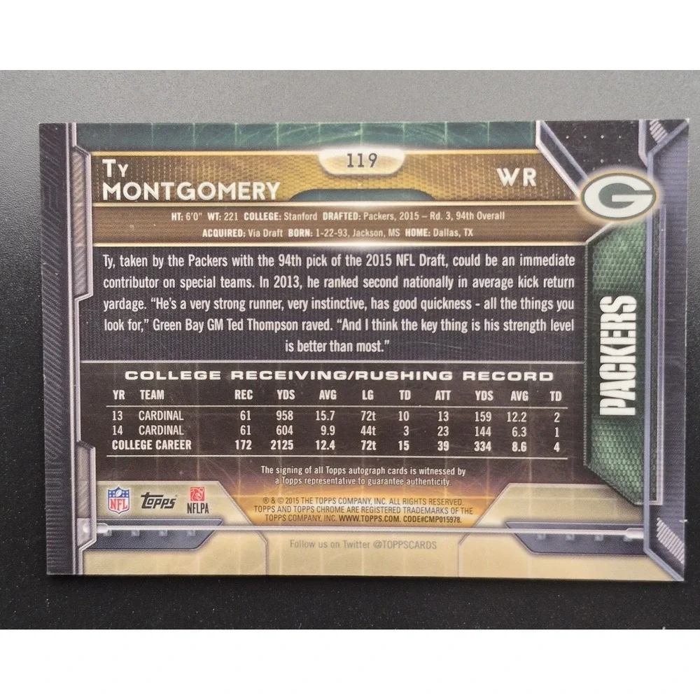 2015 Topps Chrome Ty Montgomery #119 Rookie‎ Autographs (AU) (RC) Packers